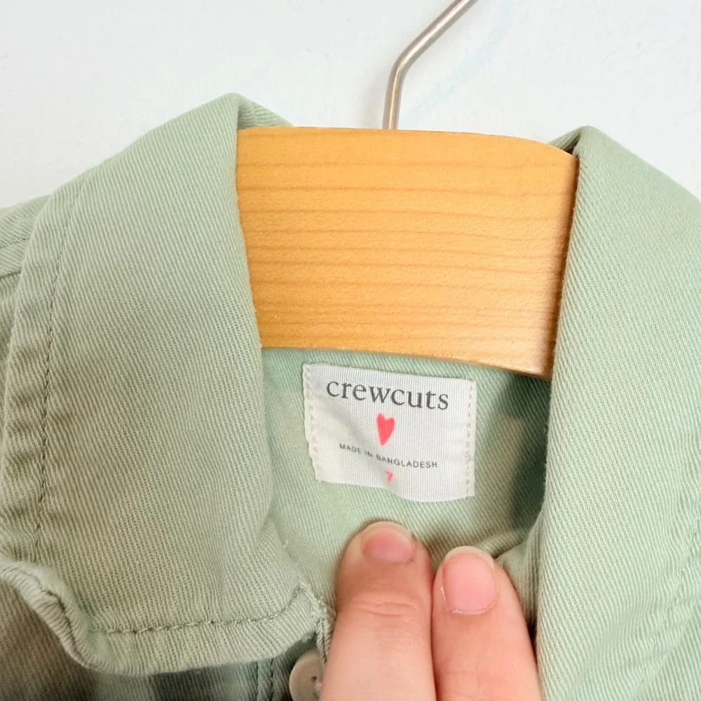 Crewcuts J.Crew Girls Sage Green Cotton Utility Shirt Dress Size 7 Short Sleeve